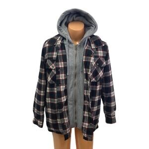 Rugged Wear Mens Medium PolyCotton Zip & Snap Warm Plaid Flannel Hoodie Jacket